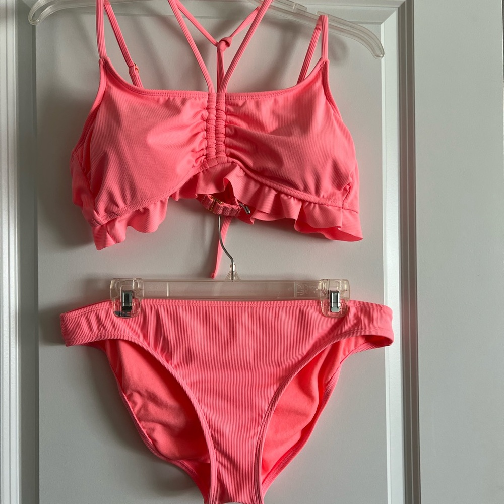 No Boundaries Coral Ruffled Bikini